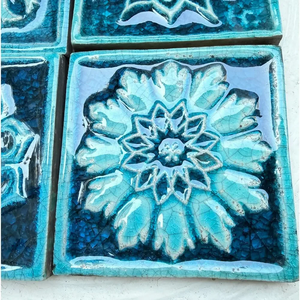 Vintage Handmade Turquoise Raku Tiles 4x4 - Set of 4 Relief Molded Crackle Glaze